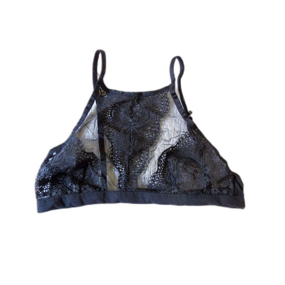 Victoria's Secret Body By Victoria High Neck Lace Bralette Boho Black L EUC